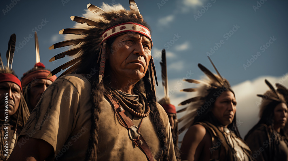 Obraz premium Brave Cheyenne Warriors: Guardians of Their Sacred Land, Painted for Battle, AI Generative