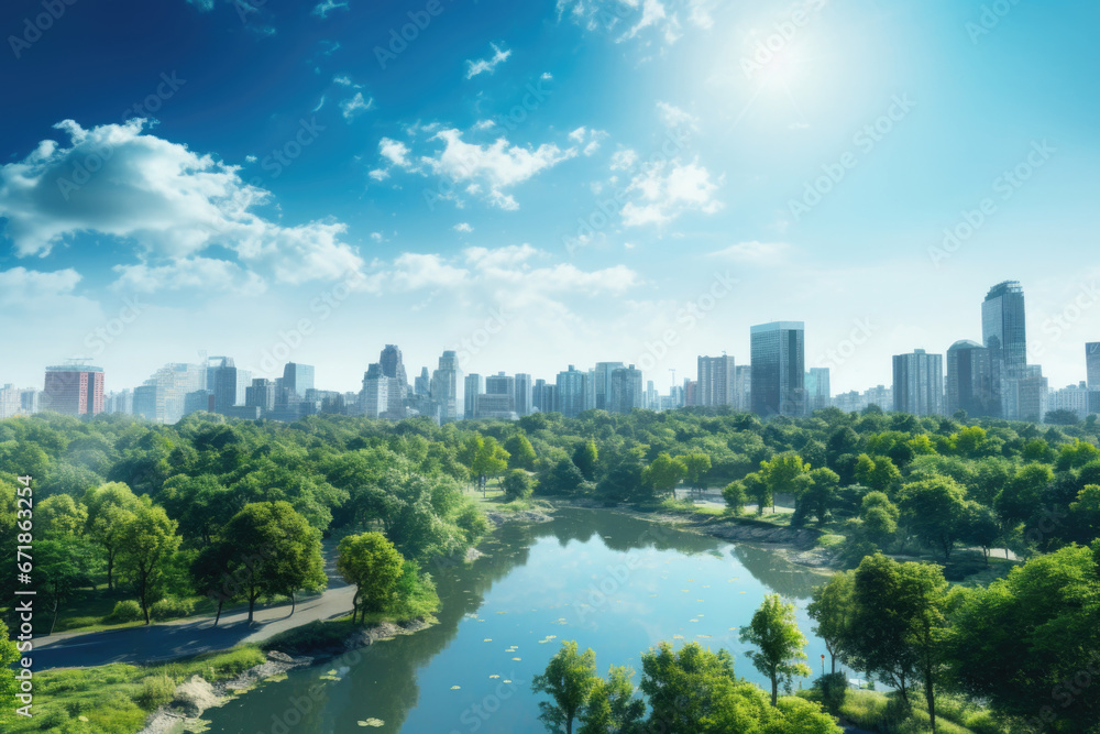City panorama with skyscrapers, green trees and lake. skyline with green trees