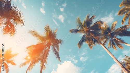 Blue sky and palm trees view from below, vintage style, tropical beach and summer background, travel concept © Alin