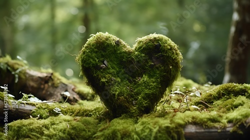 Forest dig cemetery, funeral background - Closeup of wooden heart on moss. Natural burial grave in the woods. Tree burial 