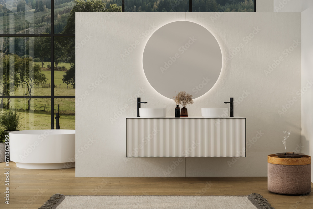 Elegant bathroom with white walls, white basin with oval mirrors ...