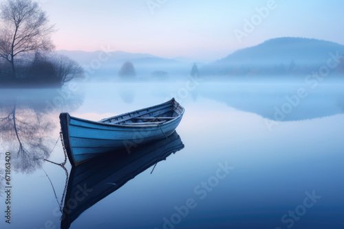 The boat is in quiet calm stagnant water of the lake. Peace and quiet at sunset.