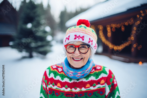Retired grandmother wears a Christmas details sweater and xmas hat. A positive scene with a happy grandma with a smile face. Snowy outdoor background.