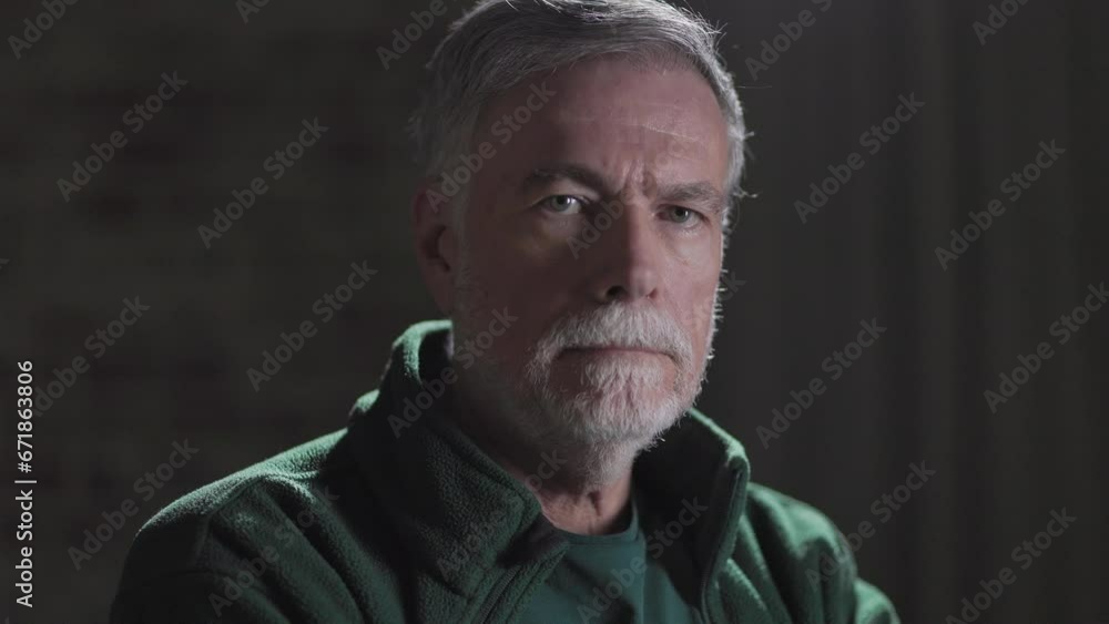 senior man looks at camera close shot senior man looks at camera close shot