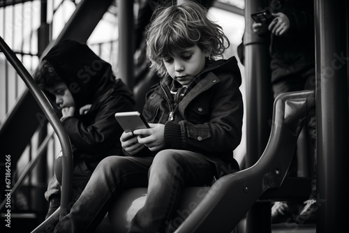 Childhood in the Digital Age: Moments of Innocence and Reflection Amidst Urban Commotion