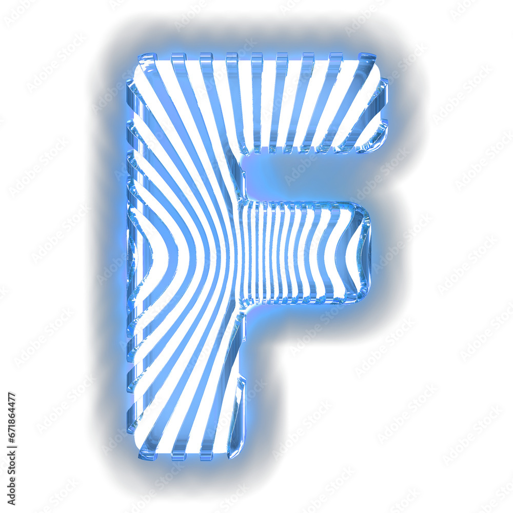 White symbol with ultra thin blue luminous vertical straps. letter f White symbol with ultra thin blue luminous vertical straps. letter f