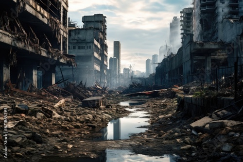 Ruins of city. The consequences of disaster, war, destruction. © P