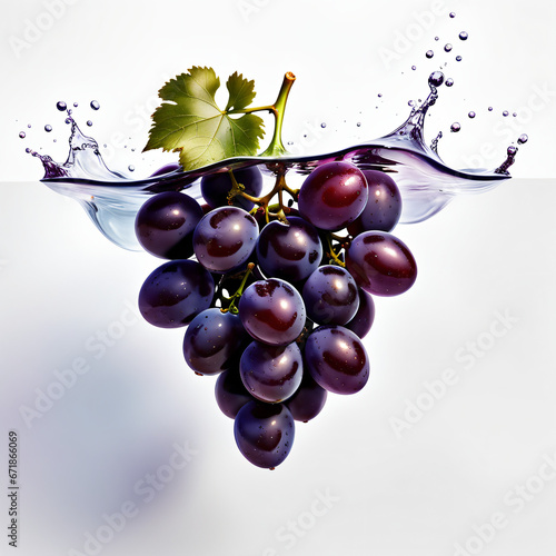 Um cacho de uvas roxas fresco, mergulhando com um splash de água, uva roxa suculenta com fundo branco isolada. photo