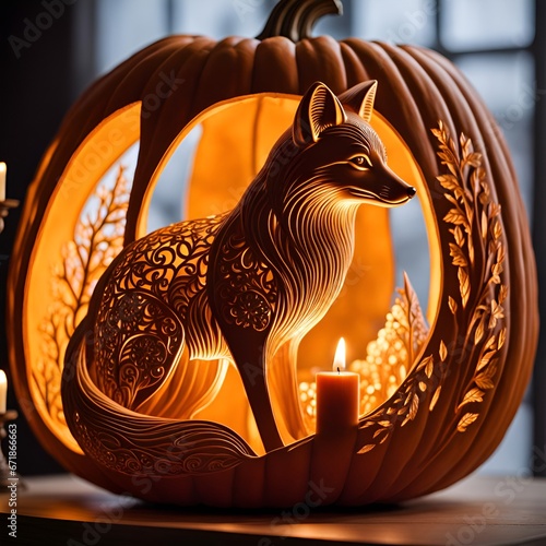 A Fox-Carved Pumpkin - Halloween or Festival of Light. photo