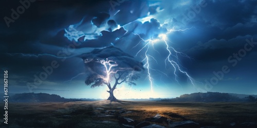 A Powerful Lightning Bolt Strikes in Front of a Lone Tree, Creating a Dramatic and Electrifying Scene