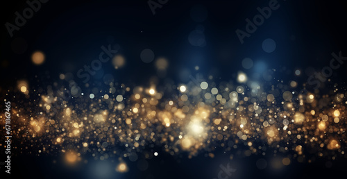 Golden Starry Night: Abstract Dark Blue and Gold Christmas Background with Sparkling Particles and Bokeh Lights. Festive New Year Illumination on Navy Background with Gold Foil Texture