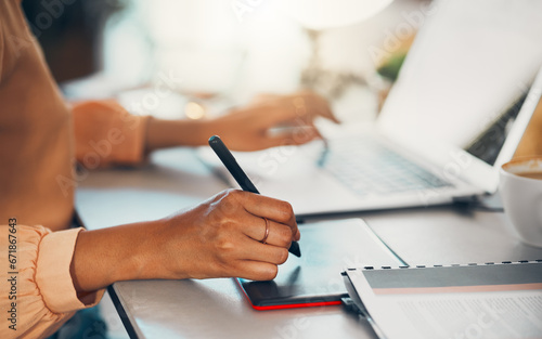 Graphic designer writing notes on tablet online, typing on laptop and planning a task working remote. Closeup of creative woman, entrepreneur or freelance worker checking emails and browsing internet