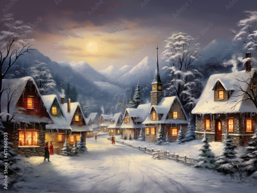 Magical Christmas night scene. Winter village landscape. Magical Christmas night scene. Winter village landscape.