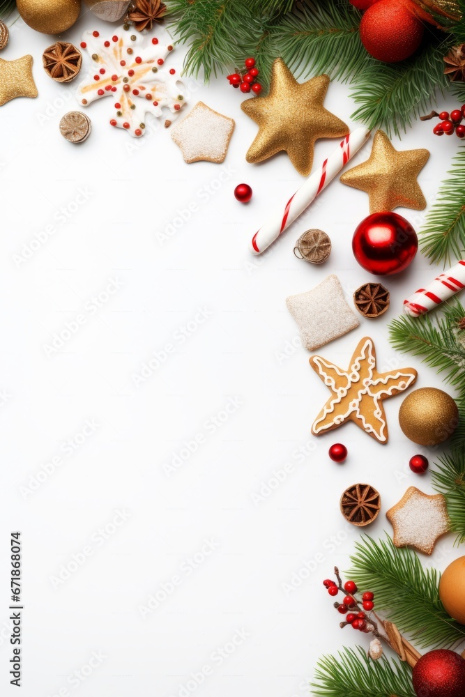 Christmas and New Year colorful balls and stars lying on white flat lay background. Christmas and New Year colorful balls and stars lying on white flat lay background.