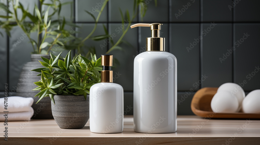 blank pump bottle on table at bathroom cosmetic mockup Concept of skin care and cosmetic advertising.