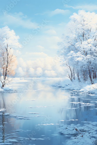 Winter Landscape With Tranquil Frozen Lake