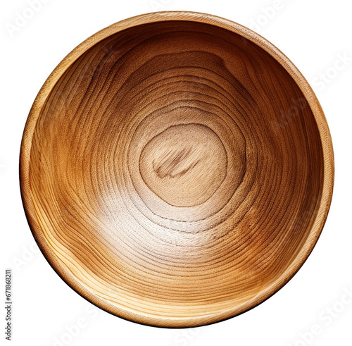 A close-up view of an empty round wooden bowl isolated on transparent or white background, png