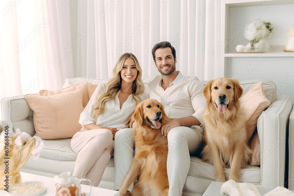 Beautiful couple in pastel colorful living room with dogs,golden retrivers.smiling. Beautiful couple in pastel colorful living room with dogs,golden retrivers.smiling.