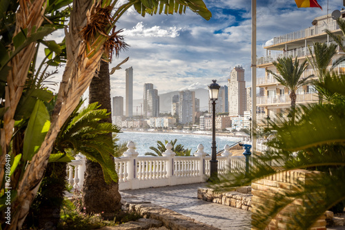 Widok na plażę, hotele i morze śródziemne między palmami Hiszpańskiego miasta Benidorm na Costa Blanca