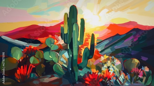 An oil painting depicting a cactus in the desert Ai generated art photo