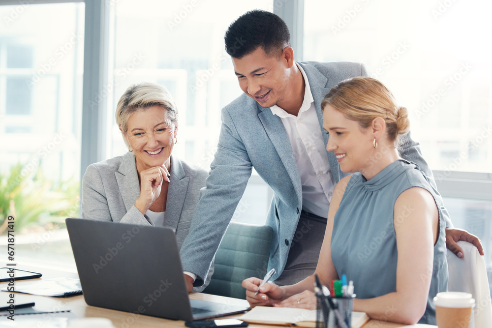 Business people, laptop or teamwork meeting in office boardroom planning, global finance or investment strategy. Smile, happy or corporate financial collaboration on technology for diversity growth - obrazy, fototapety, plakaty 