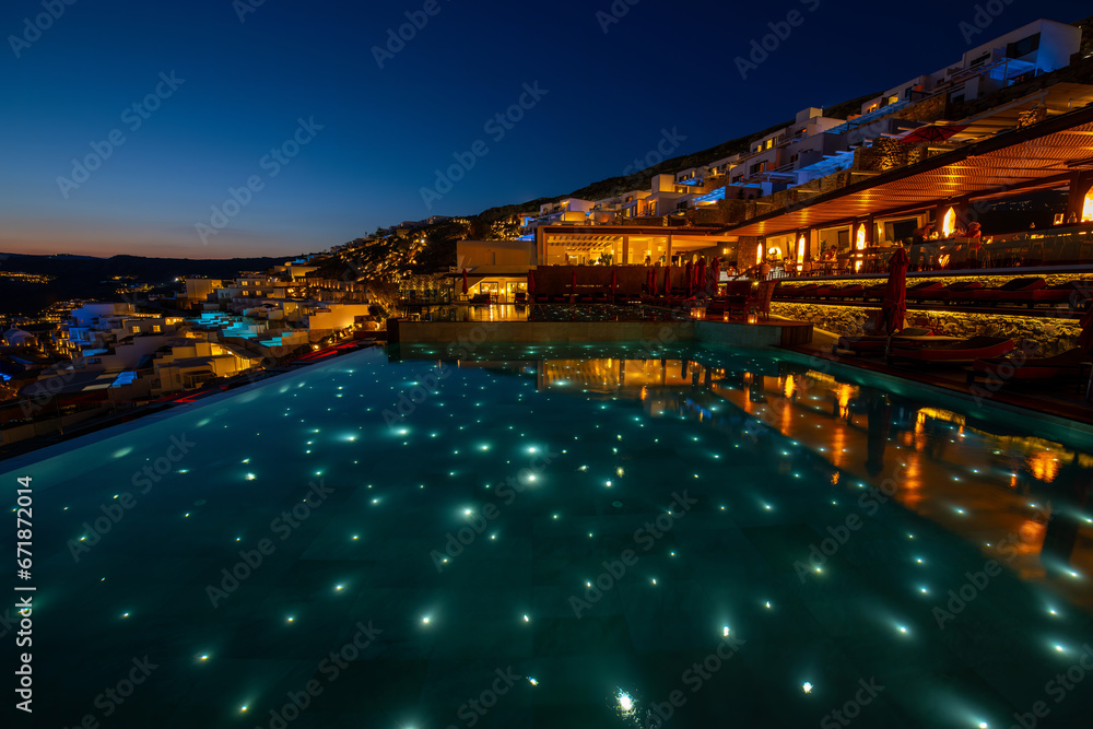 Fototapeta premium Amazing restaurant view at blue hours, Mykonos, Greece