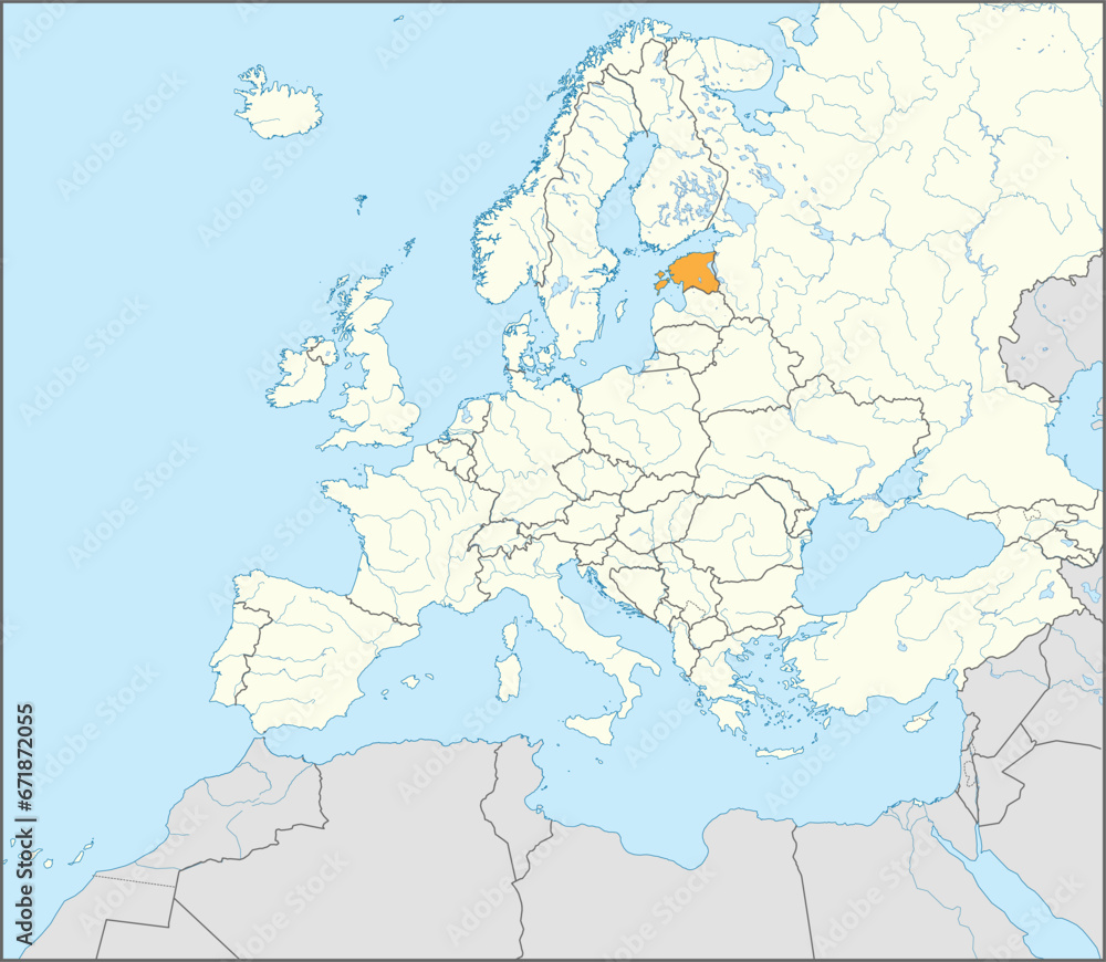Orange CMYK national map of ESTONIA inside detailed beige blank political map of European continent with rivers and lakes on blue background using Mercator projection