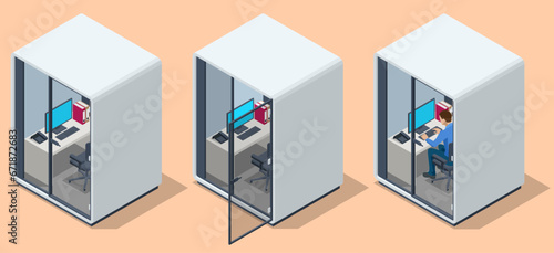 Isometric Capsule Office Pod. Movable Portable Meeting Soundproof Booth Acoustic Private Office Meeting Pod Phone Booth Office Working Studio Sound Booth.