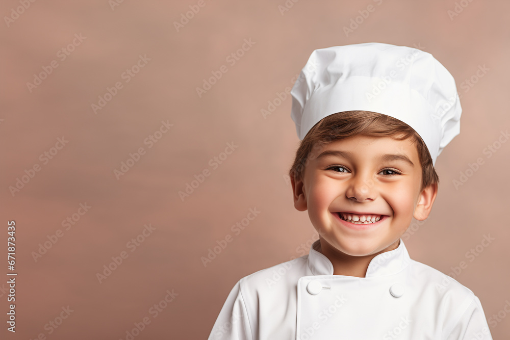close up portrait of a happy boy dressed as a pastry chef. light solid color background close up portrait of a happy boy dressed as a pastry chef. light solid color background