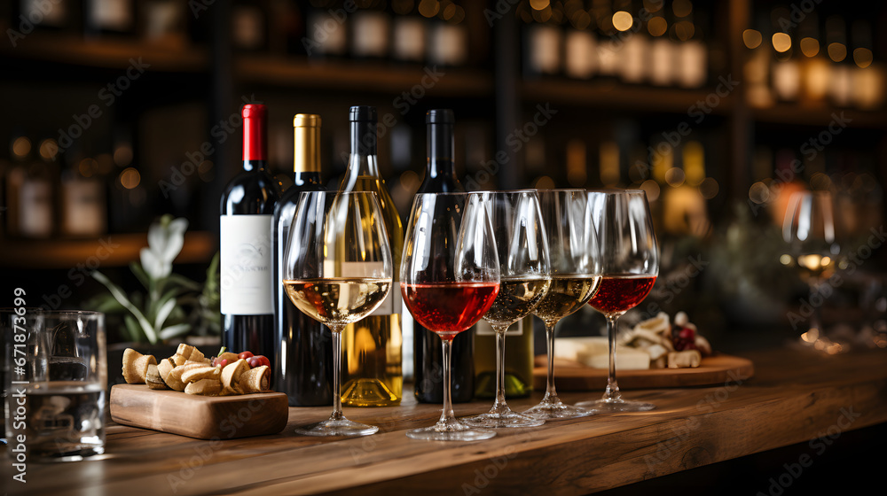 Knolled Arrangement of Wine Bottles and Glasses on Oak