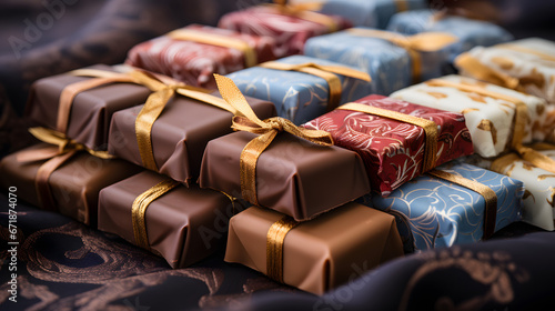 Knolled Gourmet Chocolates Displayed on Silk Fabric © Matthias
