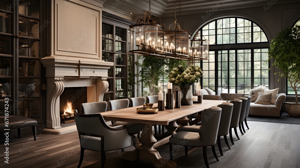 Luxurious Dining Room with Wooden Table and Statement Chandelier