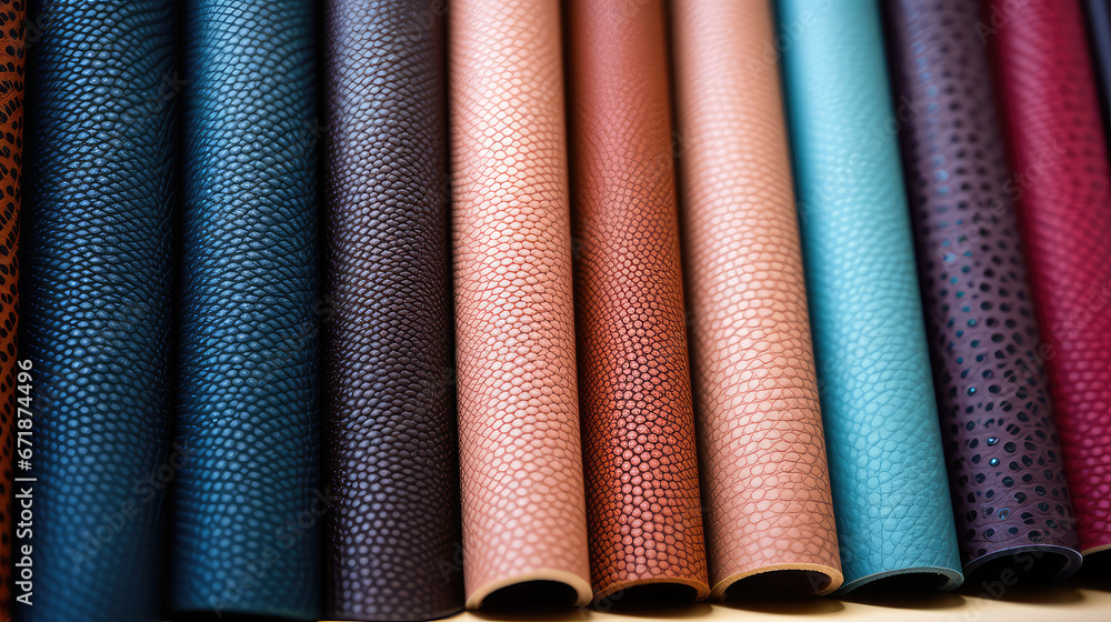 Samples of genuine leather in different colors and textures. Large assortment of natural or synthetic leather for footwear, accessories and furniture making, Tannery. Samples of genuine leather in different colors and textures. Large assortment of natural or synthetic leather for footwear, accessories and furniture making, Tannery.