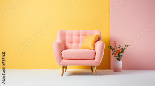 Beautiful comfortable upholstered armchair against a minimalistic Scandinavian style interior. Painted empty wall, copy space. 