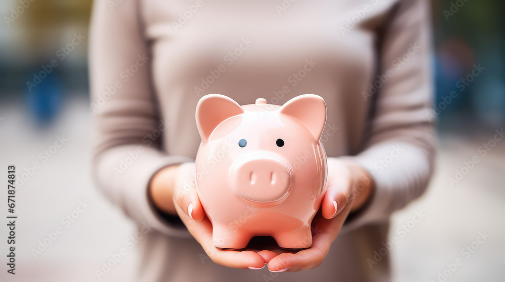 Young woman holding a ceramic piggy bank. Creative concept of family savings, and financial stability, finances. Young woman holding a ceramic piggy bank. Creative concept of family savings, and financial stability, finances.