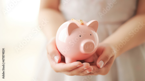 Young woman holding a ceramic piggy bank. Creative concept of family savings, and financial stability, finances. 