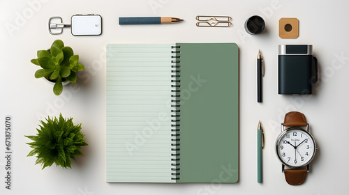 Stationery Items Knolled on Clean White Desk photo