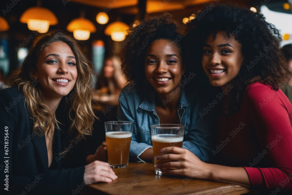 group of young ladies laughing, drinking having fun in the bar - obrazy, fototapety, plakaty 
