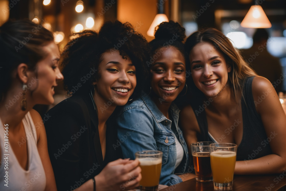 group of young ladies laughing, drinking having fun in the bar