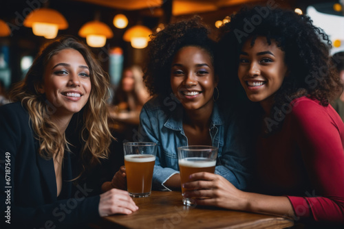 Foto group of young ladies laughing, drinking having fun in the bar
