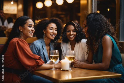 group of young ladies laughing, drinking having fun in the bar