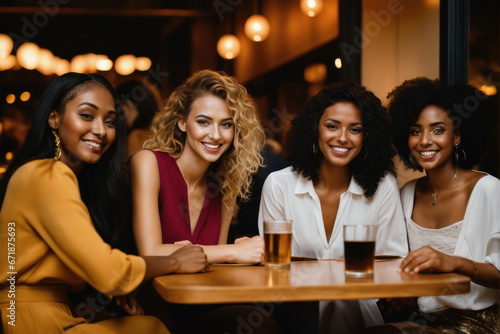 group of young ladies laughing  drinking having fun in the bar