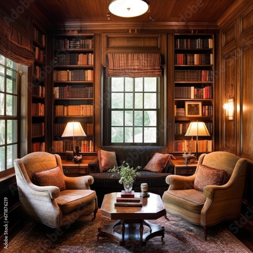 Quaint library with wall sconces 