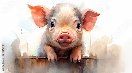 Baby pig watercolor portrait artwork animals illustration picture AI generated art photo