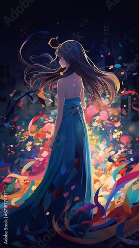 Beautiful anime long dress made multicolored rubans photography image AI generated art