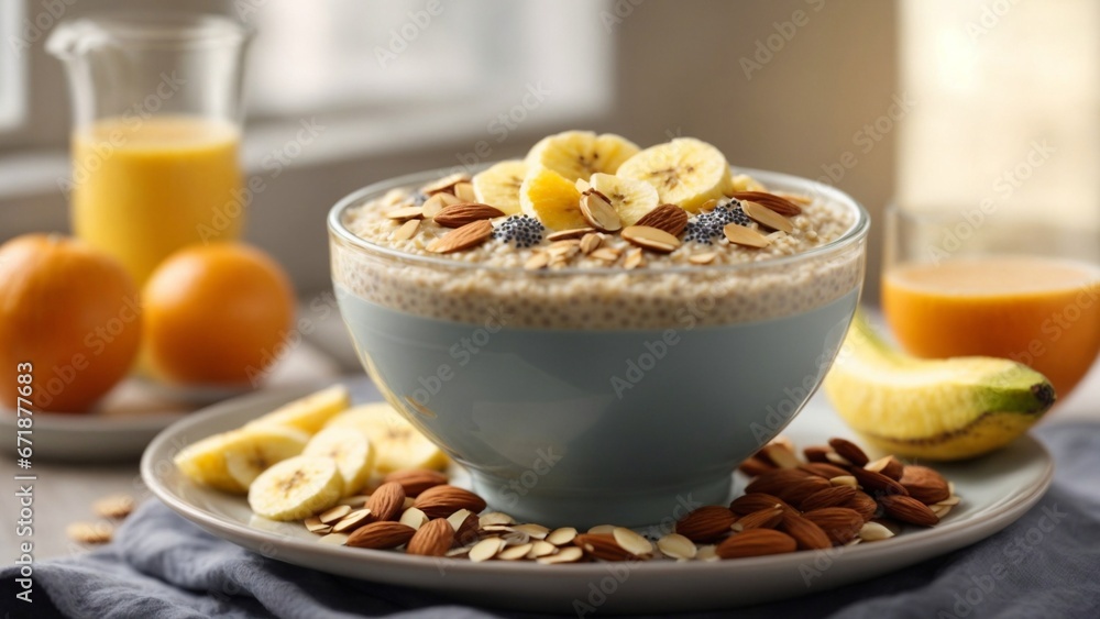 Morning Nutritious Breakfast Creamy Oatmeal, Sliced Bananas, Almonds, Chia Seeds, and Fresh Orange Juice in Soft Morning Sunlight Morning Nutritious Breakfast Creamy Oatmeal, Sliced Bananas, Almonds, Chia Seeds, and Fresh Orange Juice in Soft Morning Sunlight