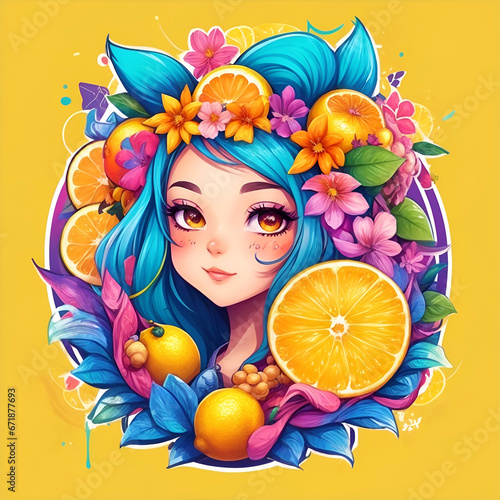 Round shaped illustration on the theme of fruits, flowers and girls, designed in graffiti style