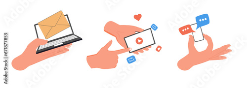 Giant hands holding tiny laptop and smartphone. Communication, mailing, chatting, social media addiction concept. Hands