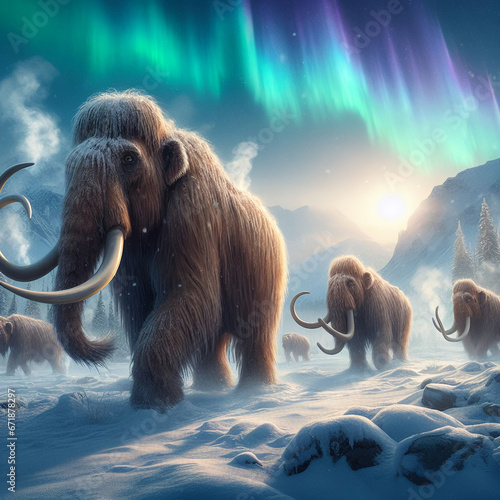 herd of mammoth walking on the ice