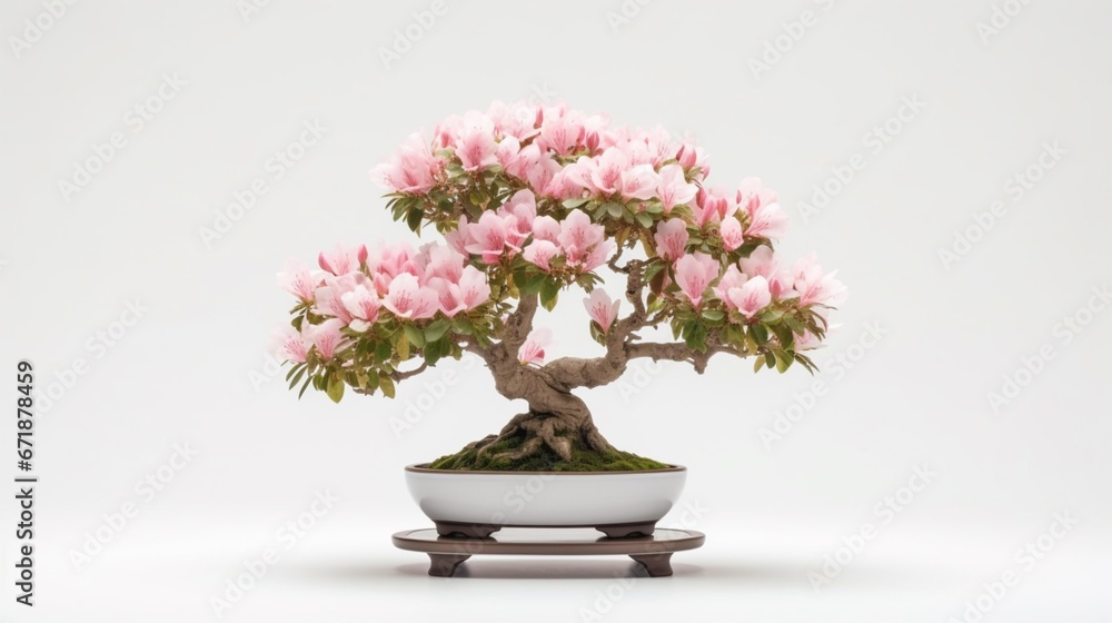 Beautiful azalea bonsai tree with pink flowers care wallpaper image AI generated art